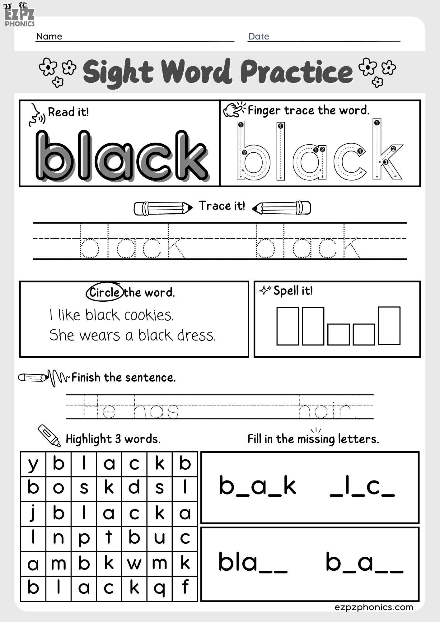 Dolch Kindergarten Sight Word “Black” – Downloadable PDF Worksheet